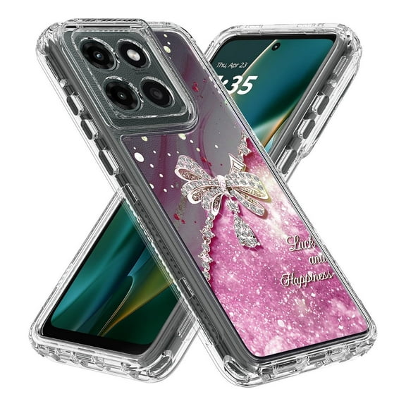 Rosebono Compatible With Motorola Moto G Power 2025 Sparkle Rhinestone Diamond Colorful Butterfly Graphics Design 3-Layer Hybrid Armor Cover Case (Pink)