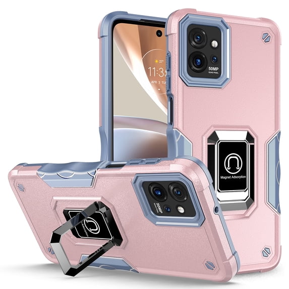 Rosebono Compatible With Motorola Moto G Power 5G 2023 Case, Hybrid Metal Ring Magnetic Support Kickstand Protective Defender Armor Cover Case (Rose Gold)