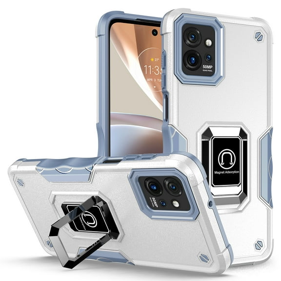 Rosebono Compatible With Motorola Moto G Power 5G 2023 Case, Hybrid Metal Ring Magnetic Support Kickstand Protective Defender Armor Cover Case (White)