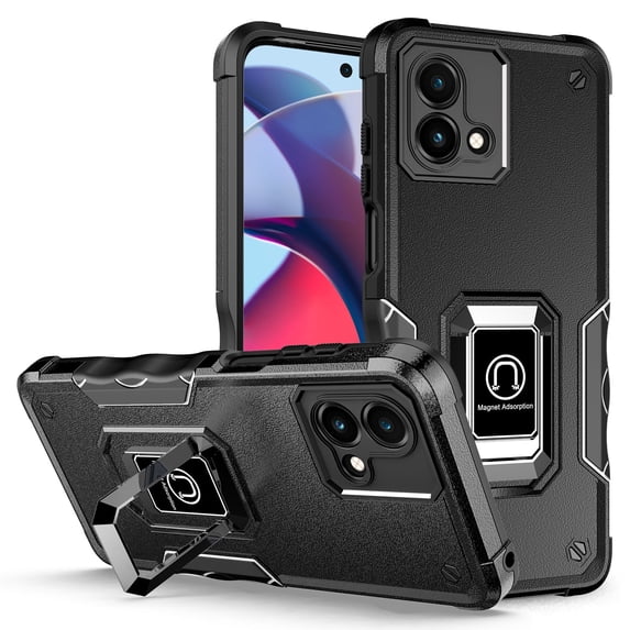 Rosebono Compatible With Motorola Moto G Stylus 5G 2023 Case, Hybrid Metal Ring Magnetic Support Kickstand Protective Defender Armor Cover Case (Black)