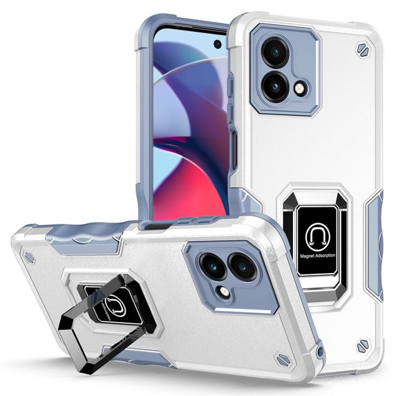 Rosebono Compatible With Motorola Moto G Stylus 5G 2023 Case, Hybrid Metal Ring Magnetic Support Kickstand Protective Defender Armor Cover Case (White)