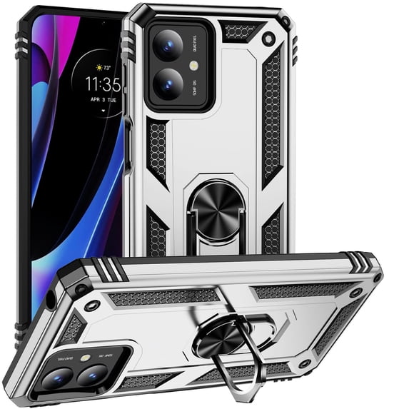 Rosebono Compatible With Motorola Moto G14 Case, Hybrid Slim Armor Cover Case With Adjustable Integrated 180 or 360 Degree Rotating Ring Kickstand For Motorola Moto G14 (Silver)