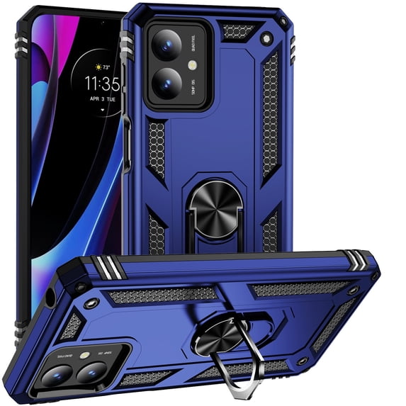 Rosebono Compatible With Motorola Moto G14 Case, Hybrid Slim Armor Cover Case With Adjustable Integrated 180 or 360 Degree Rotating Ring Kickstand For Motorola Moto G14 (Navy)