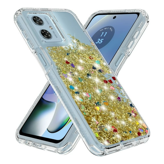 Rosebono Compatible With Motorola Moto G24 Case / Motorola Moto G04 Case, 3in1 Hybird Colorful Gradient Quicksand Glitter Liquid Floating with Frame Bumper Protective Armor Case (Gold)