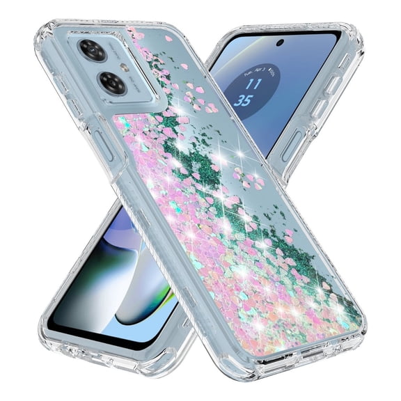 Rosebono Compatible With Motorola Moto G24 Case / Motorola Moto G04 Case, 3in1 Hybird Colorful Gradient Quicksand Glitter Liquid Floating with Frame Bumper Protective Armor Case (Pink)
