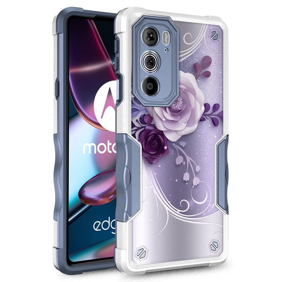 Rosebono Compatible With Motorola Moto G60/G60S Case, Hybrid Dual Layer Graphic Design Pattern Heavy Duty Protection Case For Motorola Moto G60/G60S (Purple Flower)