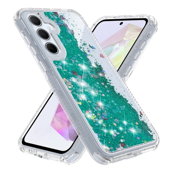 Rosebono Compatible With Samsung Galaxy A15 5G Case, 3in1 Hybird Colorful Gradient Quicksand Glitter Liquid Floating with Frame Bumper Protective Armor Case (Teal)