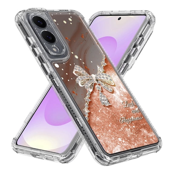 Rosebono Compatible With Samsung Galaxy S25 Edge Sparkle Rhinestone Diamond Colorful Butterfly Graphics Design 3-Layer Hybrid Armor Cover Case (Orange)