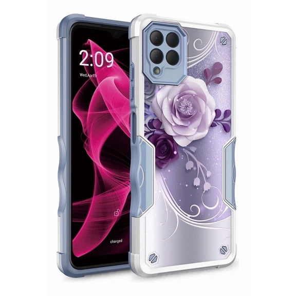 Rosebono Compatible With T-Mobile REVVL 6/6X Pro /T Phone Pro 5G Case, Hybrid Dual Layer Graphic Design Pattern Heavy Duty Protection Case (Purple Flower)