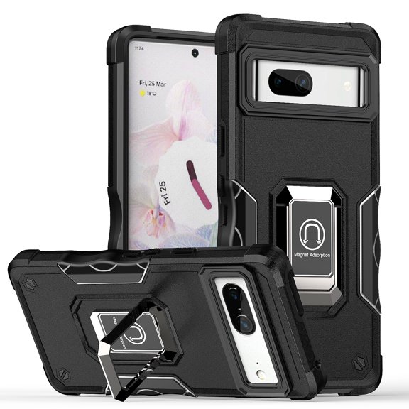 Rosebono Compatible With Google Pixel 7 Case, Hybrid Metal Ring Magnetic Support Kickstand Protective Defender Armor Cover Case (Black)