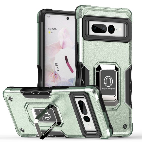 Rosebono Compatible With Google Pixel 7 Pro Case, Hybrid Metal Ring Magnetic Support Kickstand Protective Defender Armor Cover Case (Green)
