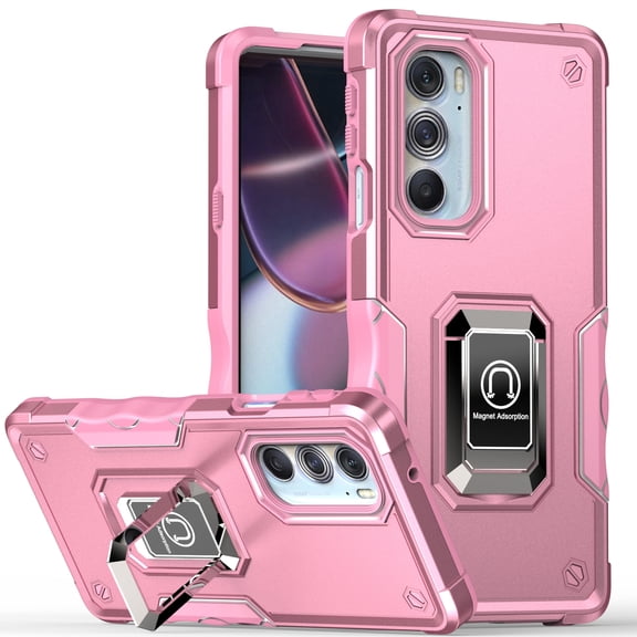 Rosebono Compatible With Motorola Edge 2022 Case, Hybrid Metal Ring Magnetic Support Kickstand Protective Defender Armor Cover Case (Pink)