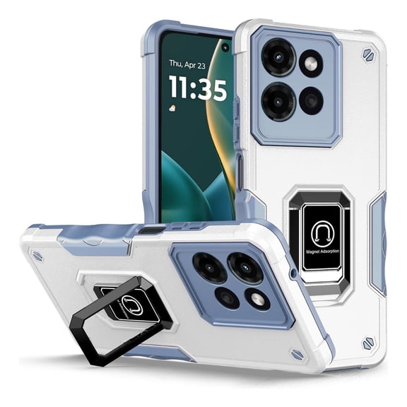 Rosebono Compatible With Motorola Edge 2025 Case, Hybrid Metal Ring Magnetic Support Kickstand Protective Defender Armor Cover Case (White)