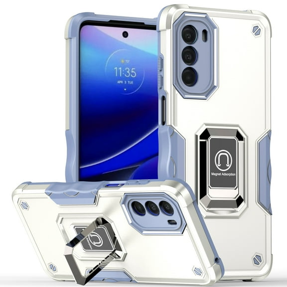 Rosebono Compatible With Motorola Edge Plus 2022 / Motorola Edge 30 Pro Case, Hybrid Metal Ring Magnetic Support Kickstand Protective Defender Armor Cover Case (White)