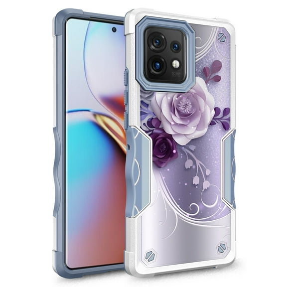 Rosebono Compatible With Motorola Edge Plus 2023/X40/X40 Pro Case, Hybrid Dual Layer Graphic Design Pattern Heavy Duty Protection Case For Motorola Edge Plus 2023 (Purple Flower)
