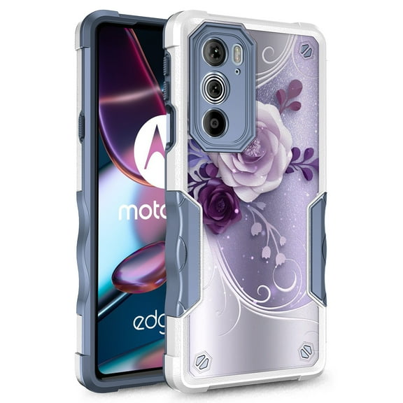 Rosebono Compatible With Motorola Moto E20/E40 Case, Hybrid Dual Layer Graphic Design Pattern Heavy Duty Protection Case For Motorola Moto E20/E40 (Purple Flower)