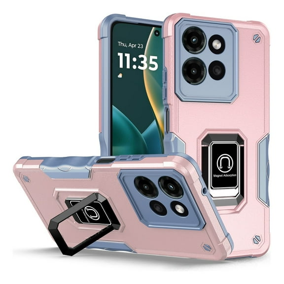 Rosebono Compatible With Motorola Moto G 2025 Case, Hybrid Metal Ring Magnetic Support Kickstand Protective Defender Armor Cover Case (Rose Gold)