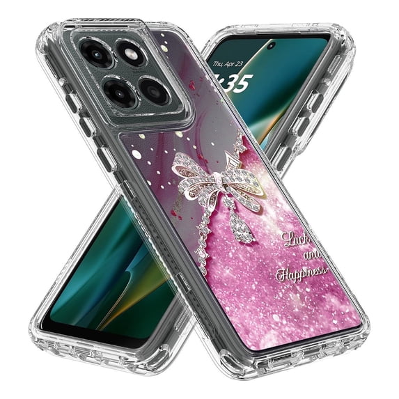 Rosebono Compatible With Motorola Moto G 2025 Sparkle Rhinestone Diamond Colorful Butterfly Graphics Design 3-Layer Hybrid Armor Cover Case (Pink)