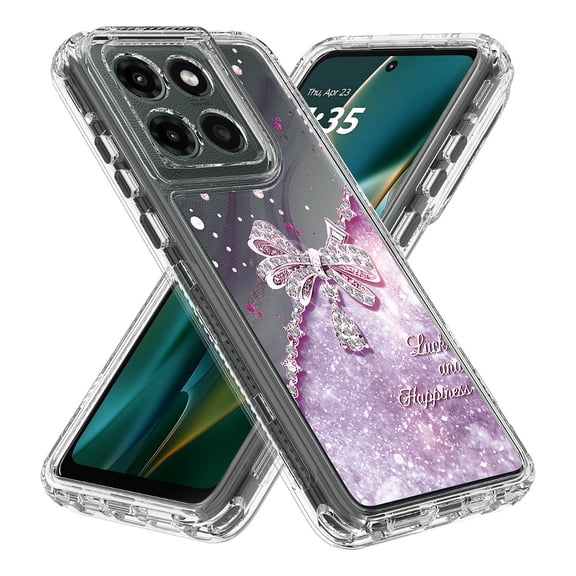 Rosebono Compatible With Motorola Moto G 2025 Sparkle Rhinestone Diamond Colorful Butterfly Graphics Design 3-Layer Hybrid Armor Cover Case (Purple)