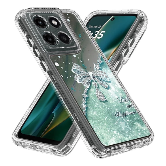 Rosebono Compatible With Motorola Moto G 2025 Sparkle Rhinestone Diamond Colorful Butterfly Graphics Design 3-Layer Hybrid Armor Cover Case (Teal)