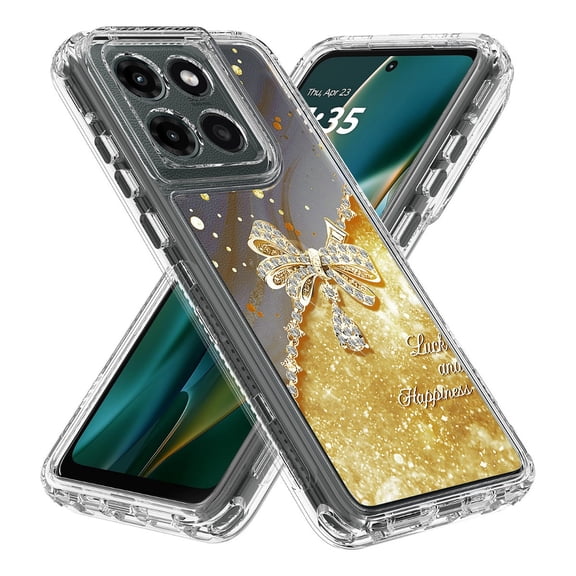 Rosebono Compatible With Motorola Moto G 2025 Sparkle Rhinestone Diamond Colorful Butterfly Graphics Design 3-Layer Hybrid Armor Cover Case (Yellow)