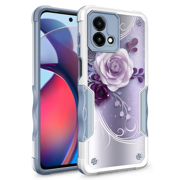 Rosebono Compatible With Motorola Moto G 5G 2023 Case, Hybrid Dual Layer Graphic Design Pattern Heavy Duty Protection Case For Motorola Moto G 5G 2023 (Purple Flower)