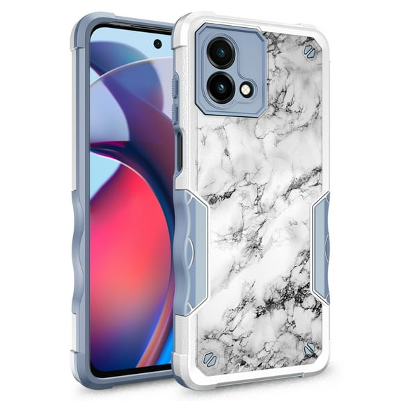 Rosebono Compatible With Motorola Moto G 5G 2023 Case, Hybrid Dual Layer Graphic Design Pattern Heavy Duty Protection Case For Motorola Moto G 5G 2023 (White Marble)