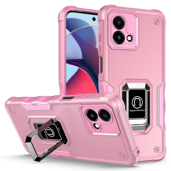 Rosebono Compatible With Motorola Moto G 5G 2023 Case, Hybrid Metal Ring Magnetic Support Kickstand Protective Defender Armor Cover Case (Pink)