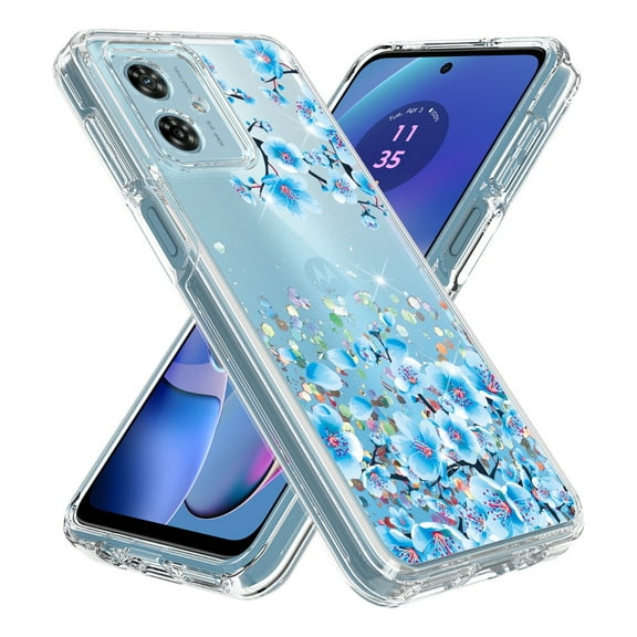 Rosebono Hybrid Graphic Design Pattern Cell Phone Case for Motorola Moto G Play 2024, Blue Flower