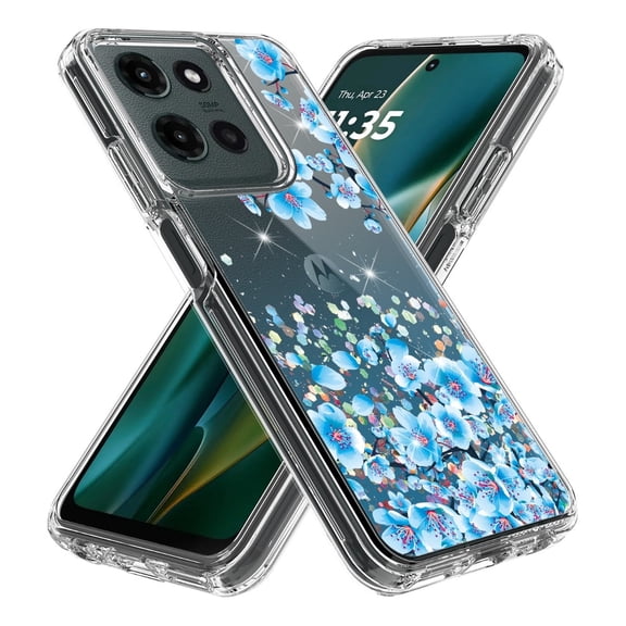 Rosebono Compatible With Motorola Moto G Power 2025 Case, Hybrid Graphic Design Pattern Cover Case (Blue Flower)