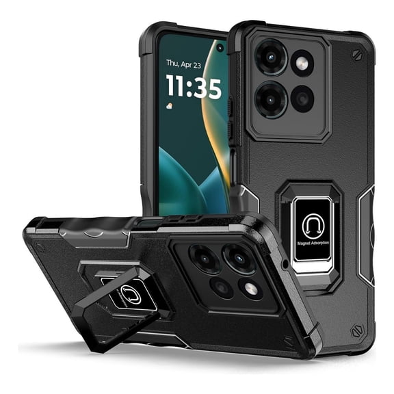 Rosebono Compatible With Motorola Moto G Power 2025 Case, Hybrid Metal Ring Magnetic Support Kickstand Protective Defender Armor Cover Case (Black)