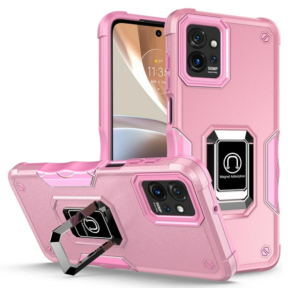 Rosebono Compatible With Motorola Moto G Power 5G 2023 Case, Hybrid Metal Ring Magnetic Support Kickstand Protective Defender Armor Cover Case (Pink)