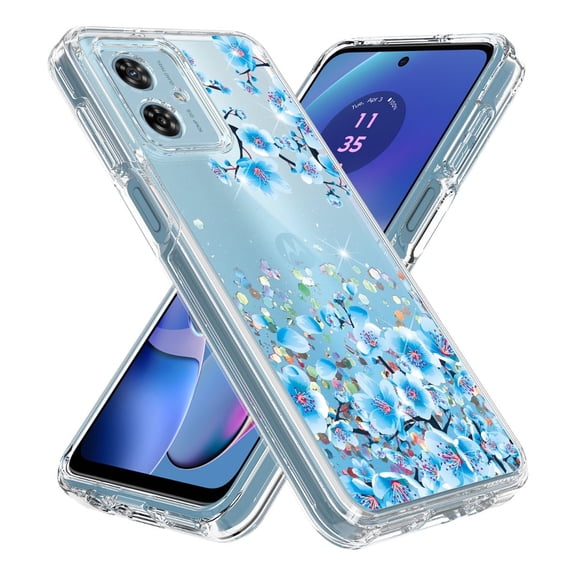 Rosebono Compatible With Motorola Moto G Stylus 2024 Case, Hybrid Graphic Design Pattern Cover Case (Blue Flower)