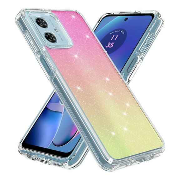 Rosebono Compatible With Motorola Moto G04, Moto G24 Case, Hybrid Glitter Sparkle Transparent Colorful Gradient TPU Skin Cover Protection Case (Gold/Pink)