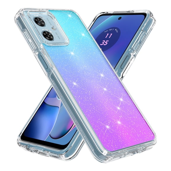 Rosebono Compatible With Motorola Moto G34 Case, Hybrid Glitter Sparkle Transparent Colorful Gradient TPU Skin Cover Protection Case (Teal/Purple)
