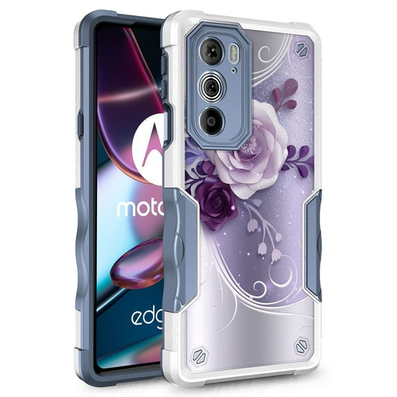 Rosebono Compatible With Motorola Moto G51 5G Case, Hybrid Dual Layer Graphic Design Pattern Heavy Duty Protection Case For Motorola Moto G51 5G (Purple Flower)