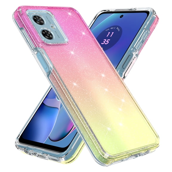 Rosebono Compatible With Motorola Moto G54 Case, Hybrid Glitter Sparkle Transparent Colorful Gradient TPU Skin Cover Protection Case (Gold/Pink)