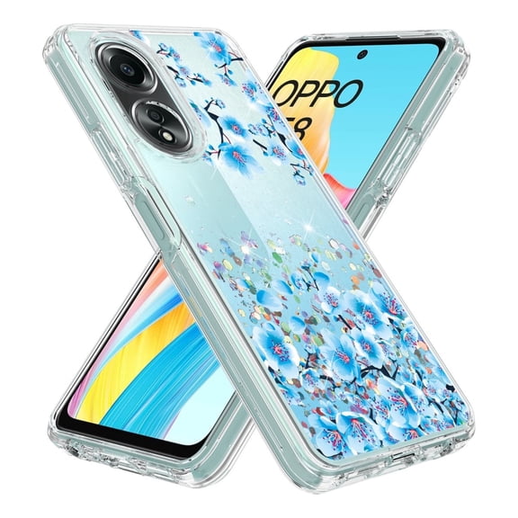 Rosebono Compatible With OPPO A58 Case, Hybrid Graphic Design Pattern Cover Case (Blue Flower)