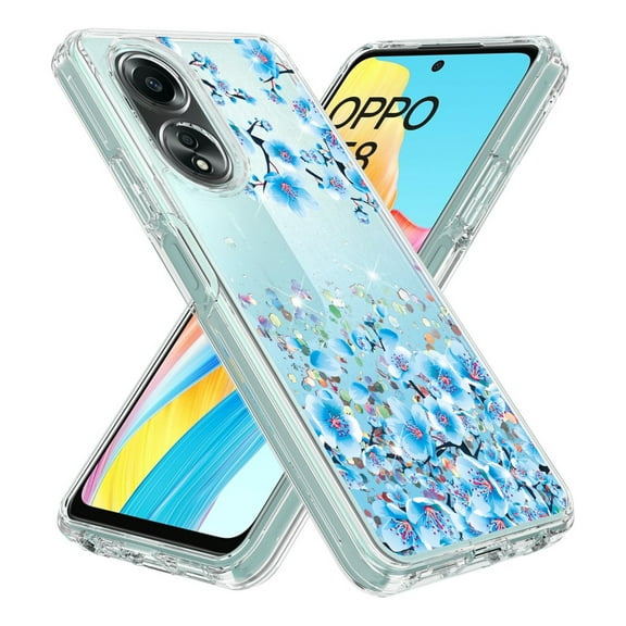Rosebono Compatible With OPPO A58 Case, Hybrid Graphic Design Pattern Cover Case (Blue Flower)