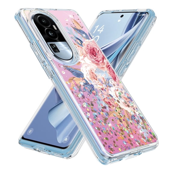 Rosebono Compatible With OPPO Reno 10 / Reno 10 Pro Case, Hybrid Graphic Design Pattern Cover Case (Pink Flower)