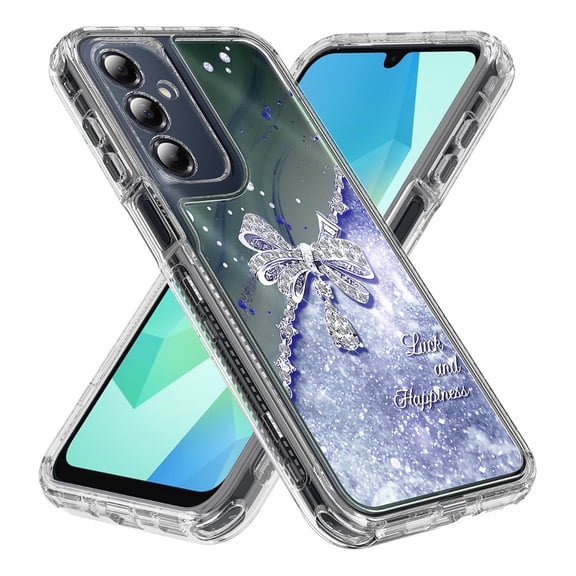 Rosebono Compatible With Samsung Galaxy A16 Sparkle Rhinestone Diamond Colorful Butterfly Graphics Design 3-Layer Hybrid Armor Cover Case (Blue)