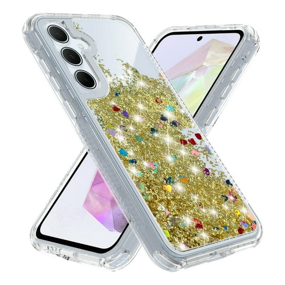 Rosebono Compatible With Samsung Galaxy A35 Case / Samsung Galaxy A55 Case, 3in1 Hybird Colorful Gradient Quicksand Glitter Liquid Floating with Frame Bumper Protective Armor Case (Gold)