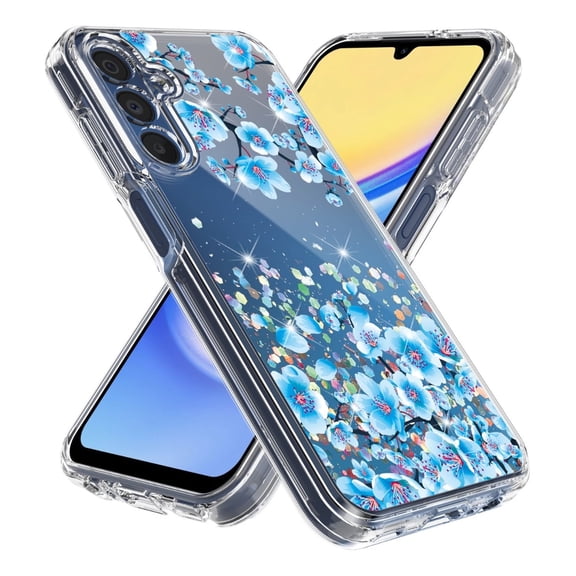 Rosebono Compatible With Samsung Galaxy A35 Case, Hybrid Graphic Design Pattern Cover Case (Blue Flower)