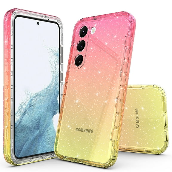 Rosebono Compatible With Samsung Galaxy S23 FE Case, Hybrid Glitter Sparkle Transparent Colorful Gradient TPU Skin Cover Protection Case (Gold/Pink)