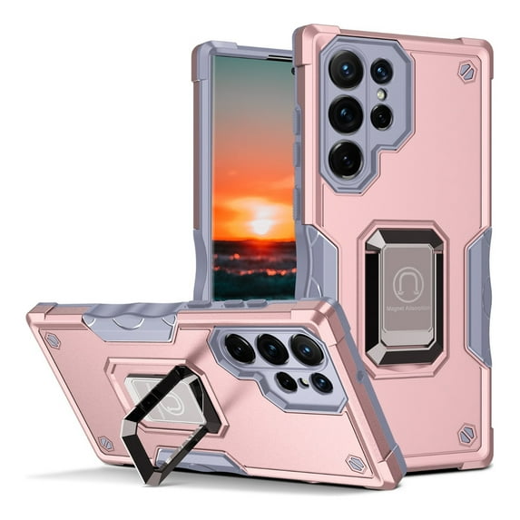 Rosebono Compatible With Samsung Galaxy S23 Ultra Case, Hybrid Metal Ring Magnetic Support Kickstand Protective Defender Armor Cover Case (Rose Gold)