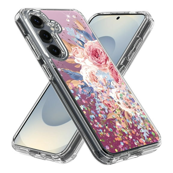 Rosebono Compatible With Samsung Galaxy S24 Case, Hybrid Graphic Design Pattern Cover Case (Pink Flower)