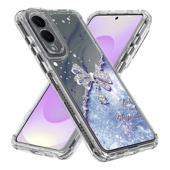 Rosebono Compatible With Samsung Galaxy S25 Edge Sparkle Rhinestone Diamond Colorful Butterfly Graphics Design 3-Layer Hybrid Armor Cover Case (Blue)