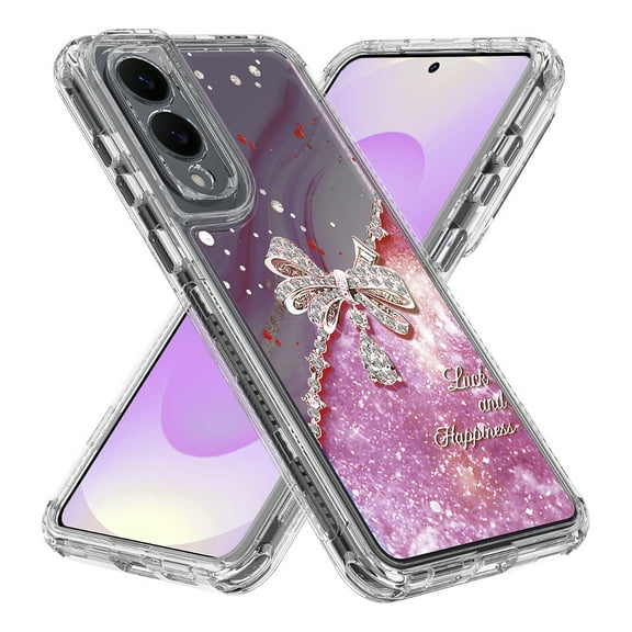 Rosebono Compatible With Samsung Galaxy S25 Edge Sparkle Rhinestone Diamond Colorful Butterfly Graphics Design 3-Layer Hybrid Armor Cover Case (Pink)