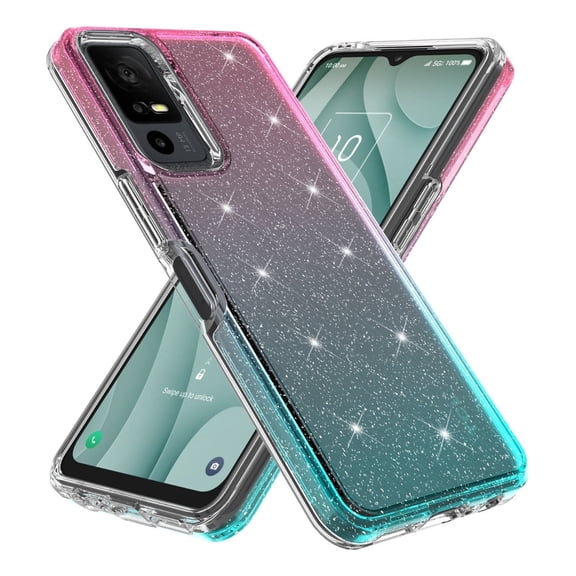 Rosebono Compatible With TCL 40 XE 5G Case, Hybrid Glitter Sparkle Transparent Colorful Gradient TPU Skin Cover Protection Case (Pink/Teal)