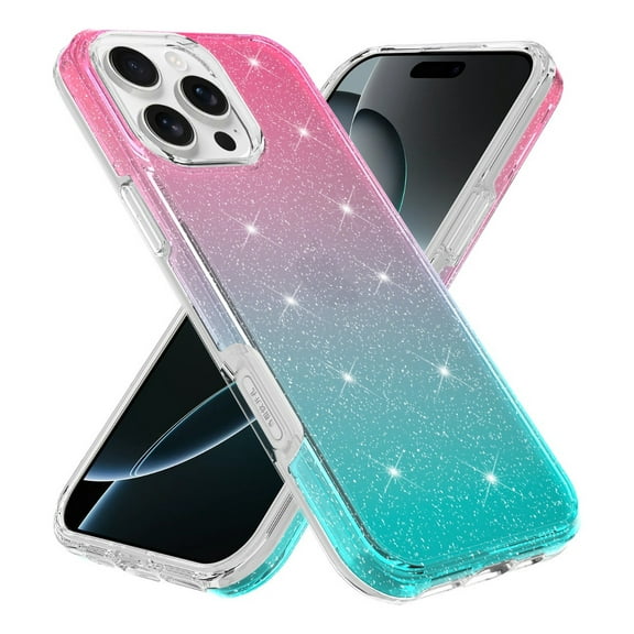 Rosebono Compatible With iPhone 16 Plus Case, Hybrid Glitter Sparkle Transparent Colorful Gradient TPU Skin Cover Protection Case (Pink/Teal)
